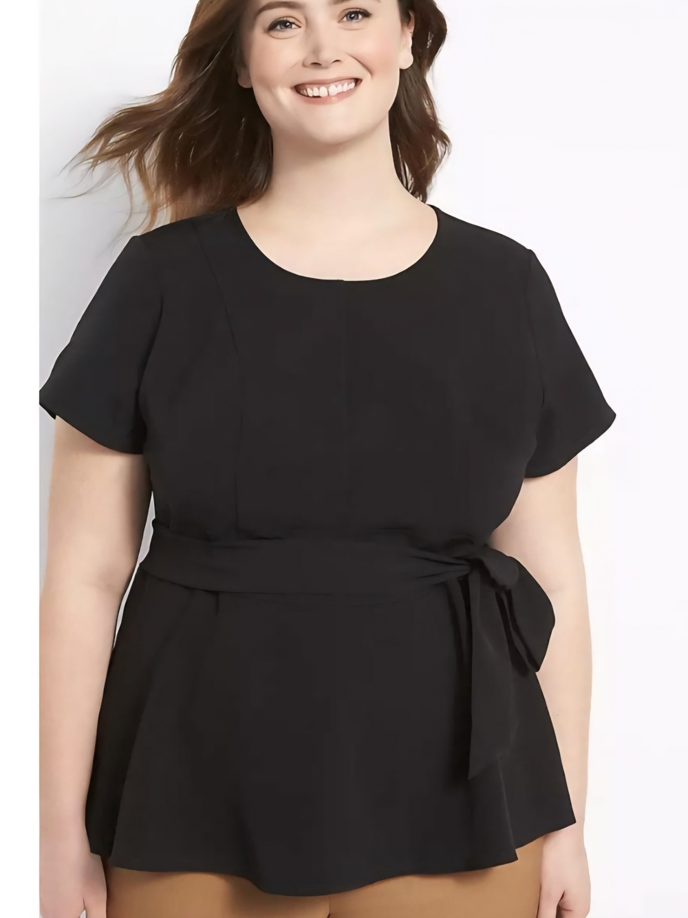 Lane Bryant Women's 38/40 Black Short-Sleeve Crew-neck Peplum Tie-Waist Top